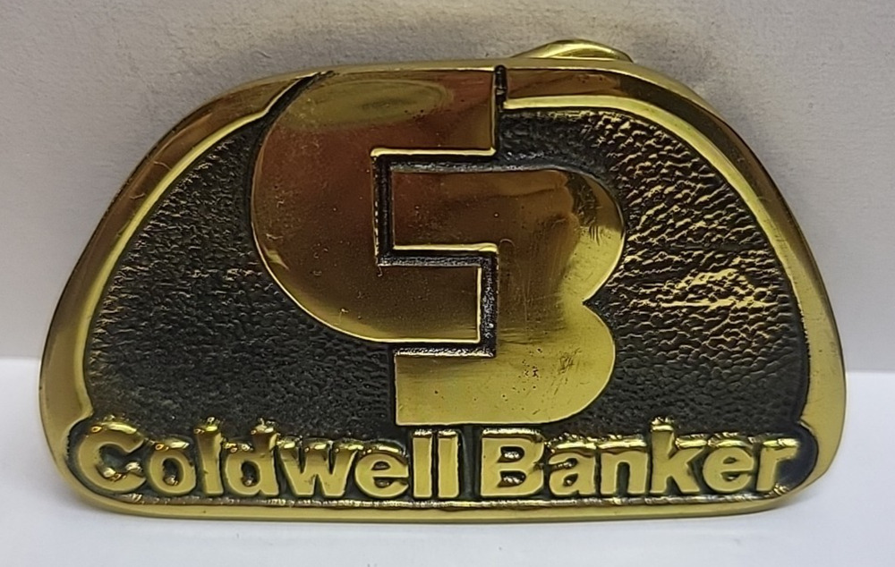 CALDWELL BANKER VTG 3.5" SOLID BRASS BELT BUCKLE MADE IN USA BUCKLES AND STUFF